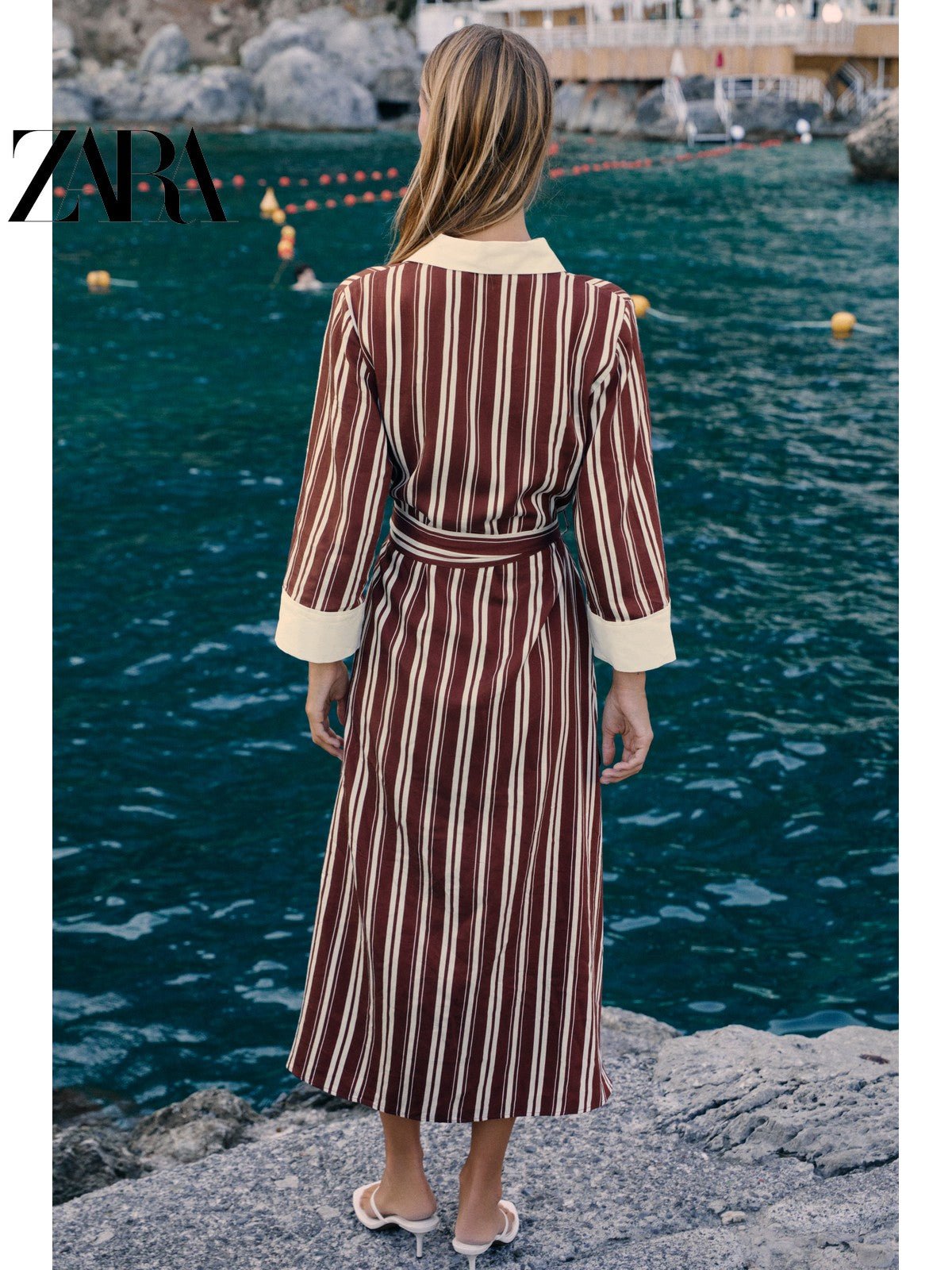 فستان نسائي ZARA مقلم بني أنيق بحزام - رفعة