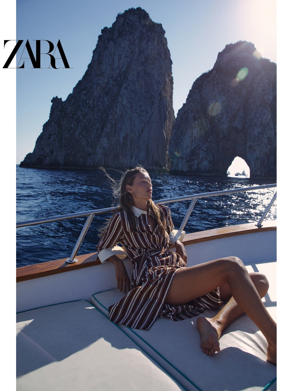 فستان نسائي ZARA مقلم بني أنيق بحزام - رفعة