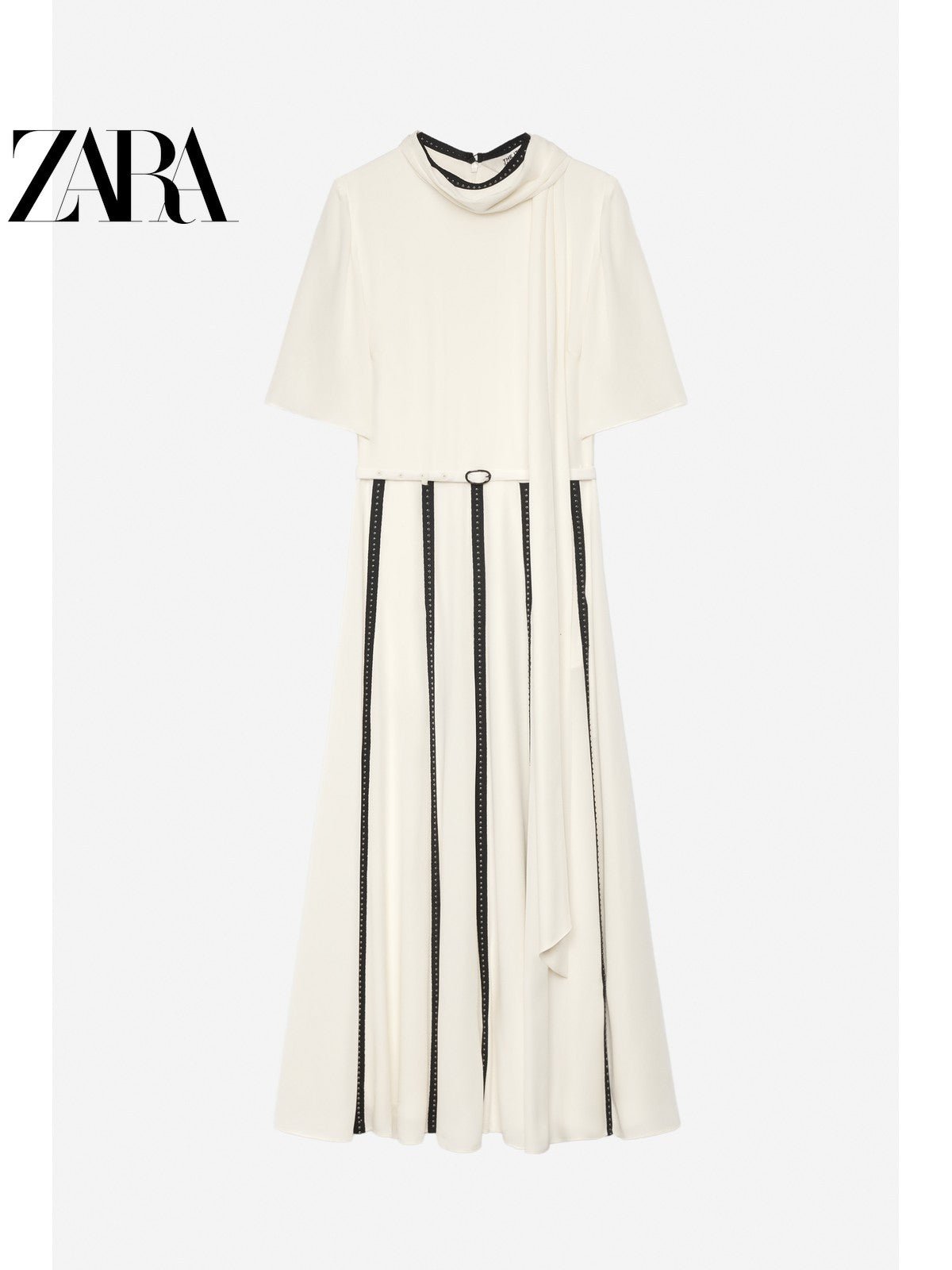 فستان ZARA نسائي أنيق أوف وايت بتفاصيل سوداء - رفعة