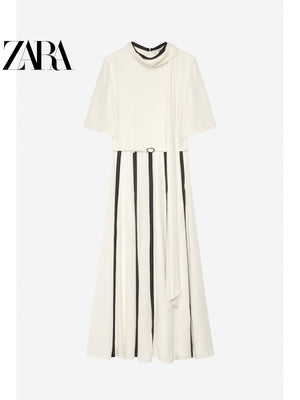 فستان ZARA نسائي أنيق أوف وايت بتفاصيل سوداء - رفعة