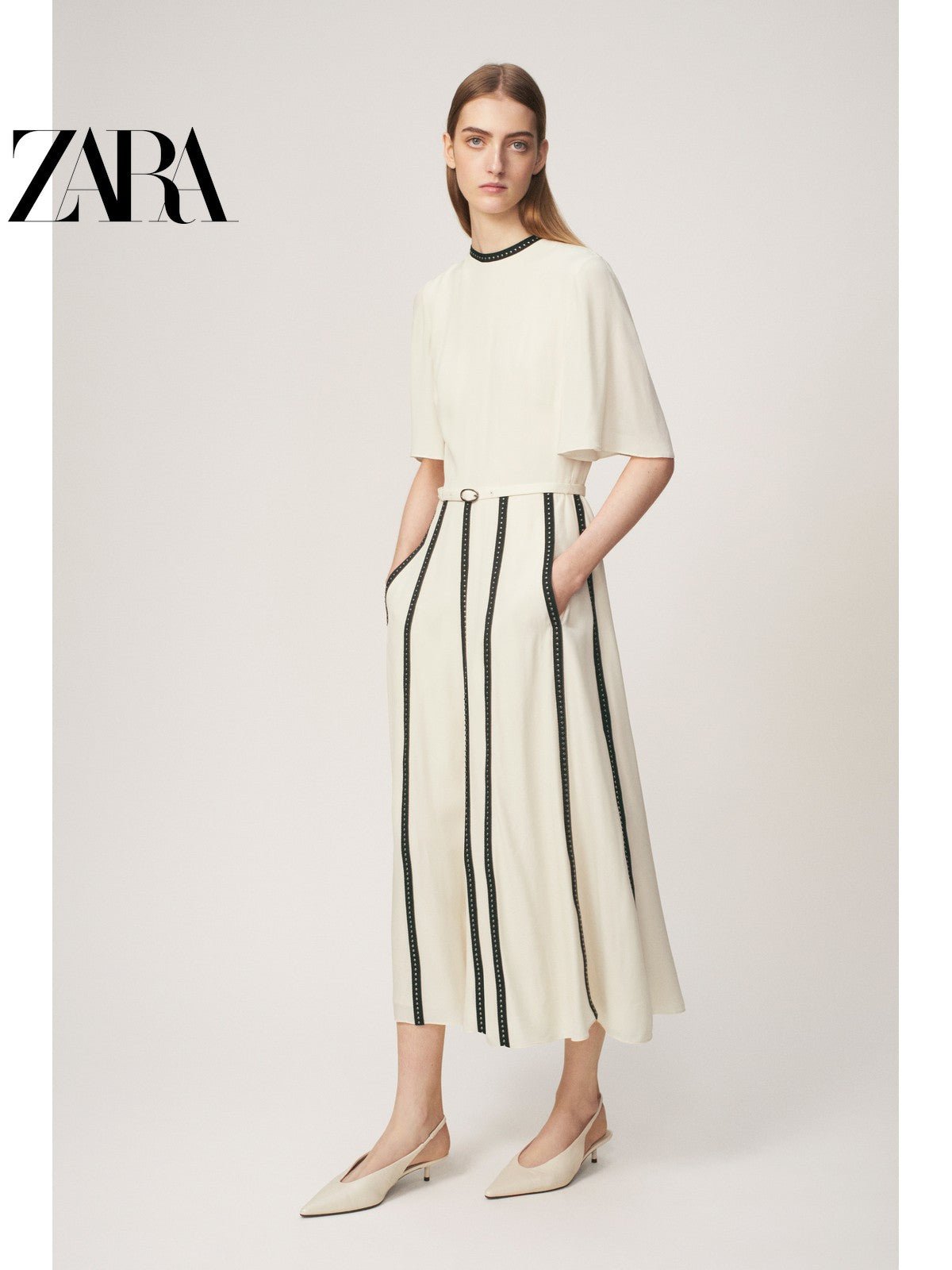 فستان ZARA نسائي أنيق أوف وايت بتفاصيل سوداء - رفعة