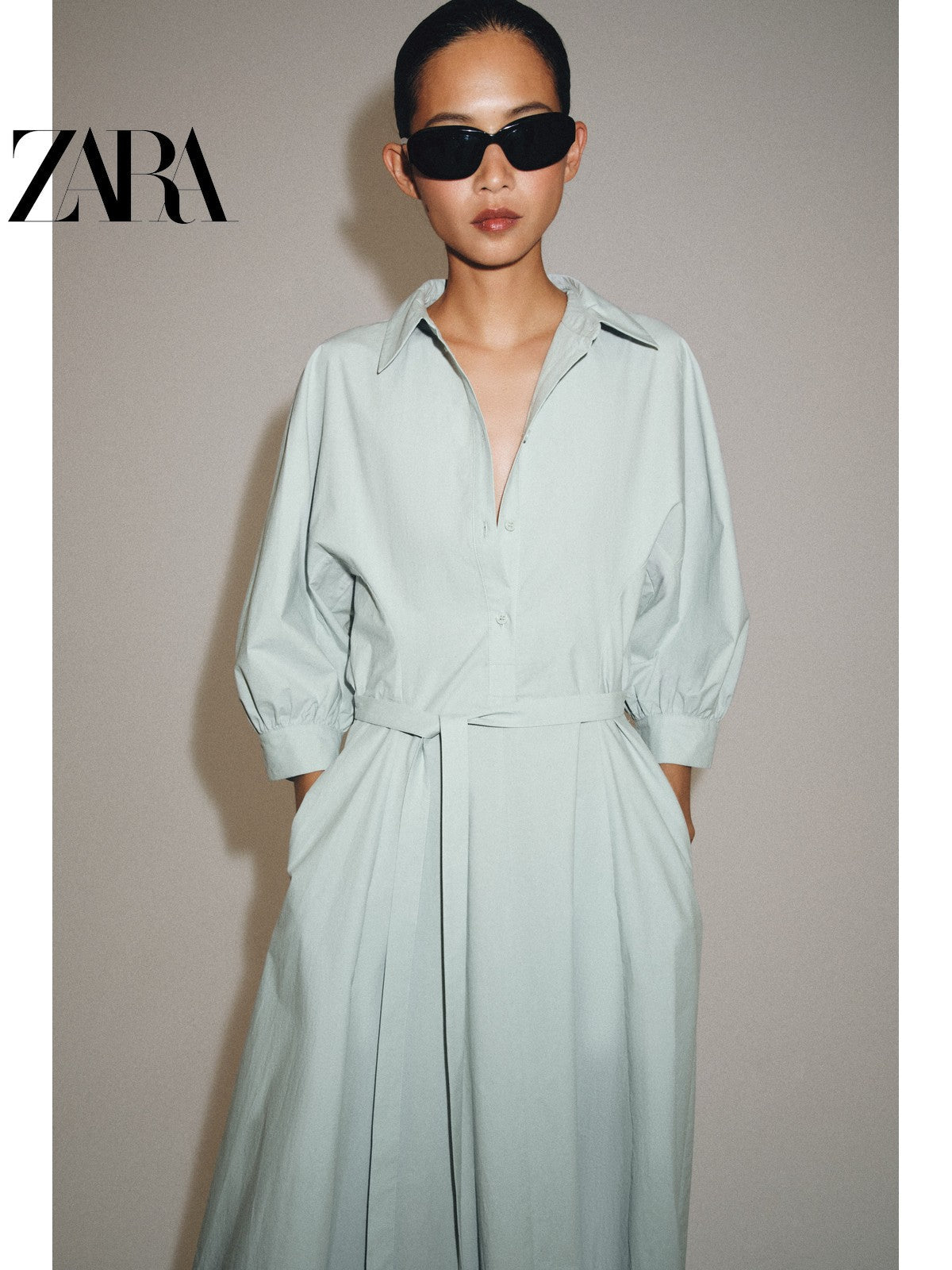 فستان ZARA نسائي أنيق بحزام أخضر نعناعي - رفعة