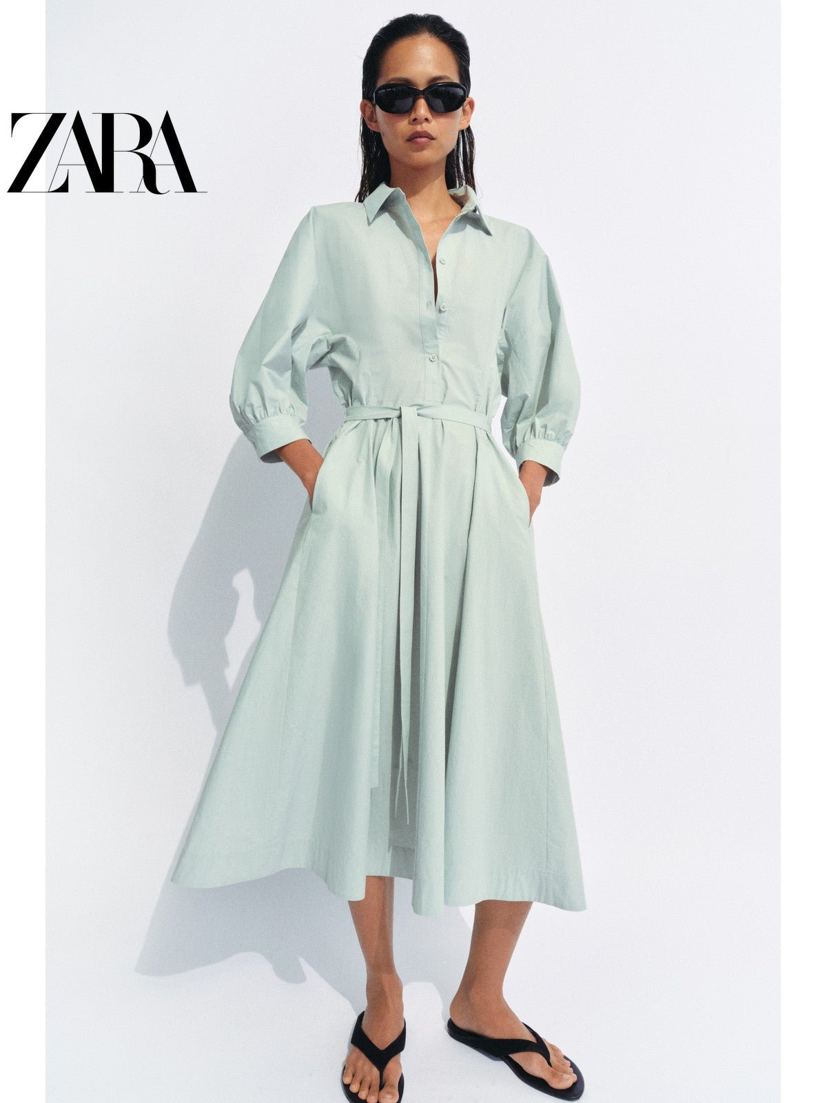 فستان ZARA نسائي أنيق بحزام أخضر نعناعي - رفعة