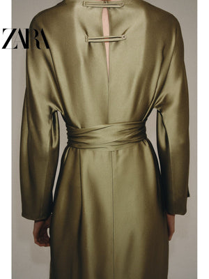 فستان ZARA نسائي ساتان أنيق باللون الزيتي - رفعة