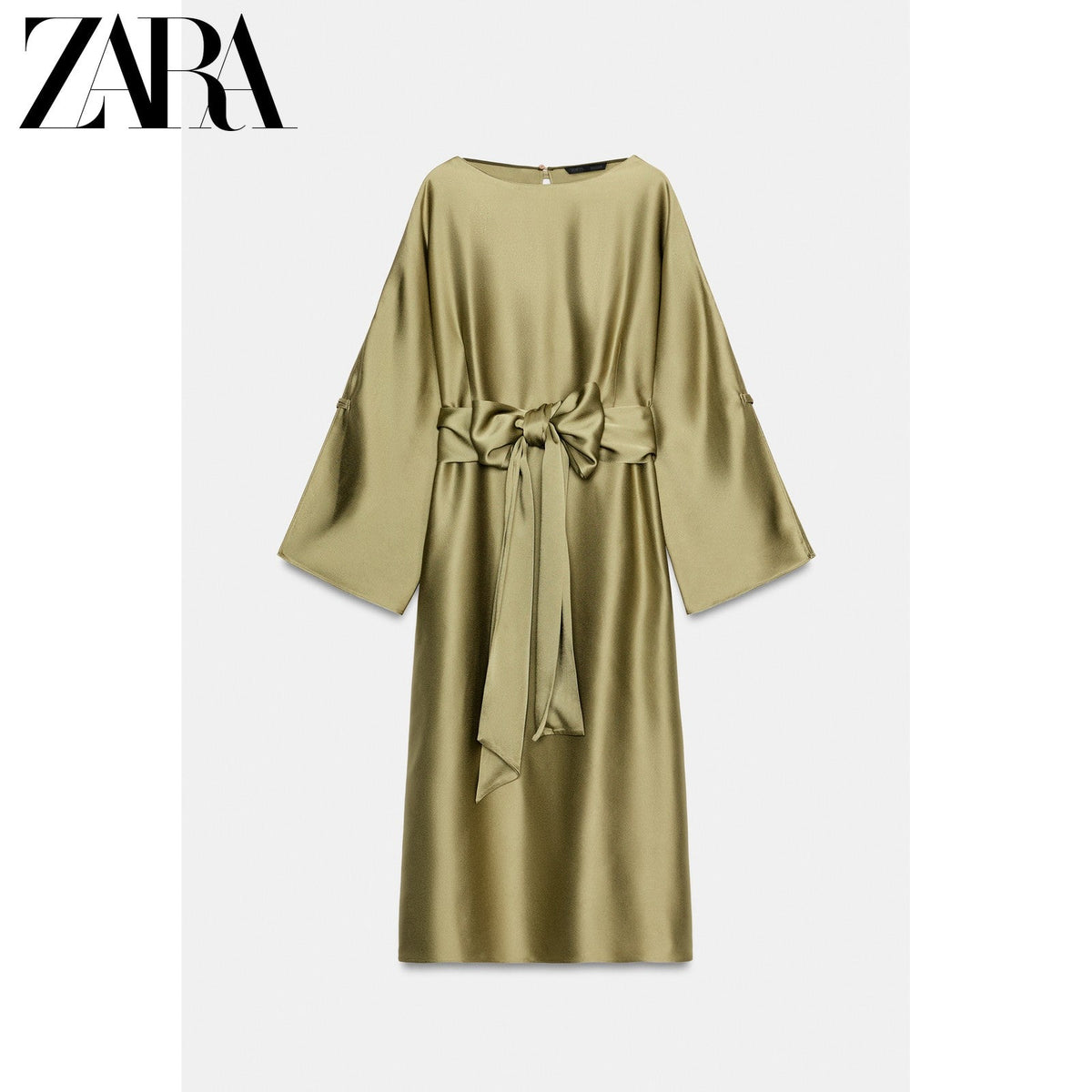 فستان ZARA نسائي ساتان أنيق باللون الزيتي - رفعة
