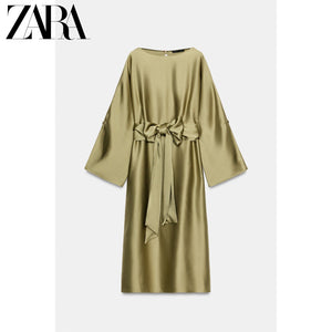 فستان ZARA نسائي ساتان أنيق باللون الزيتي - رفعة