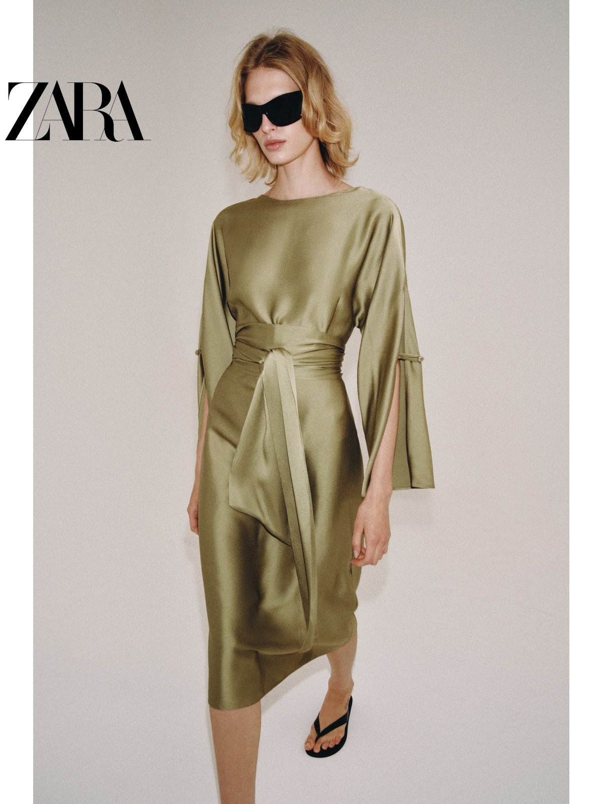 فستان ZARA نسائي ساتان أنيق باللون الزيتي - رفعة