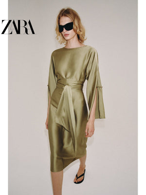 فستان ZARA نسائي ساتان أنيق باللون الزيتي - رفعة