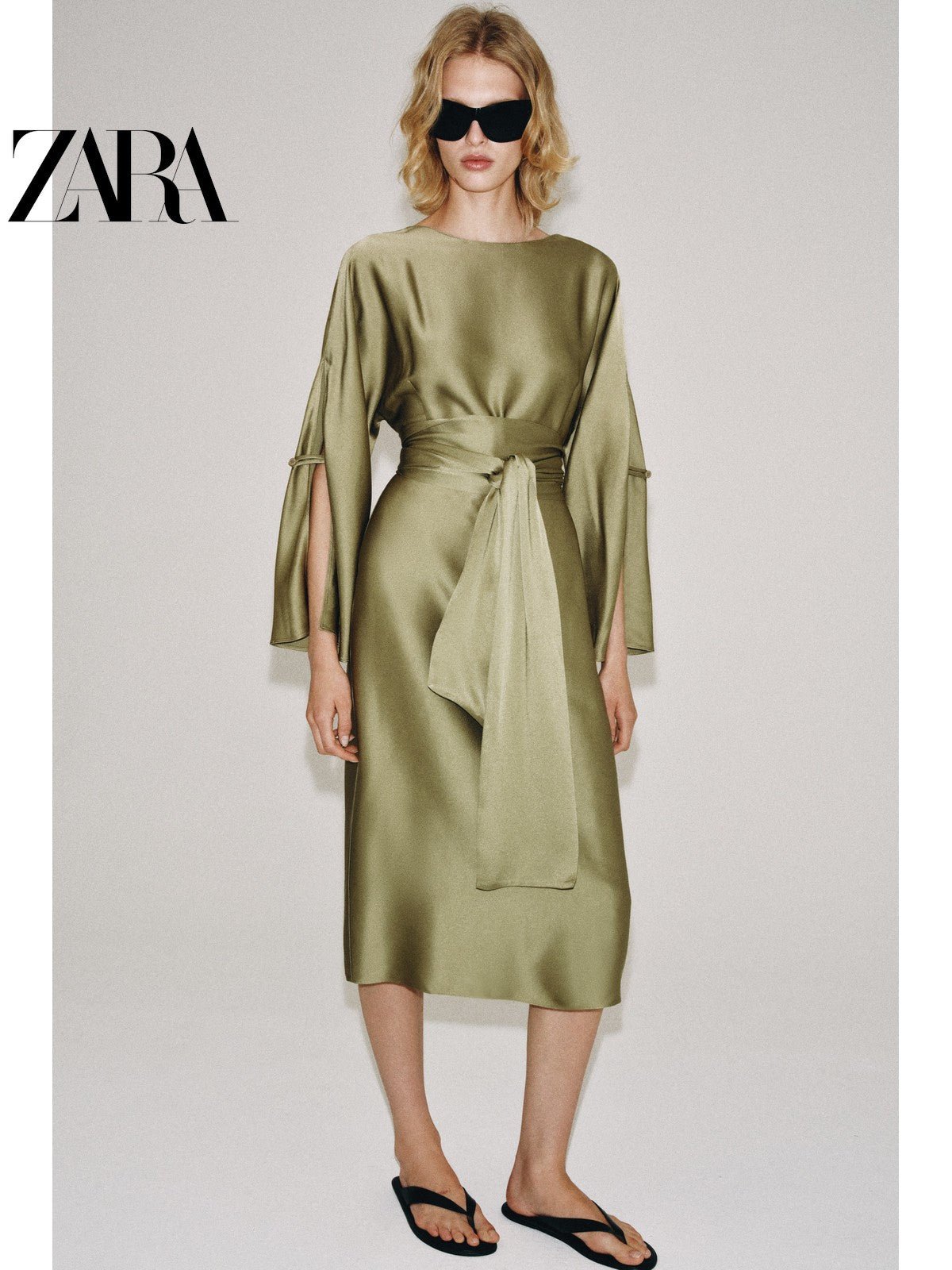 فستان ZARA نسائي ساتان أنيق باللون الزيتي - رفعة