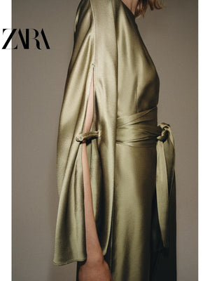 فستان ZARA نسائي ساتان أنيق باللون الزيتي - رفعة