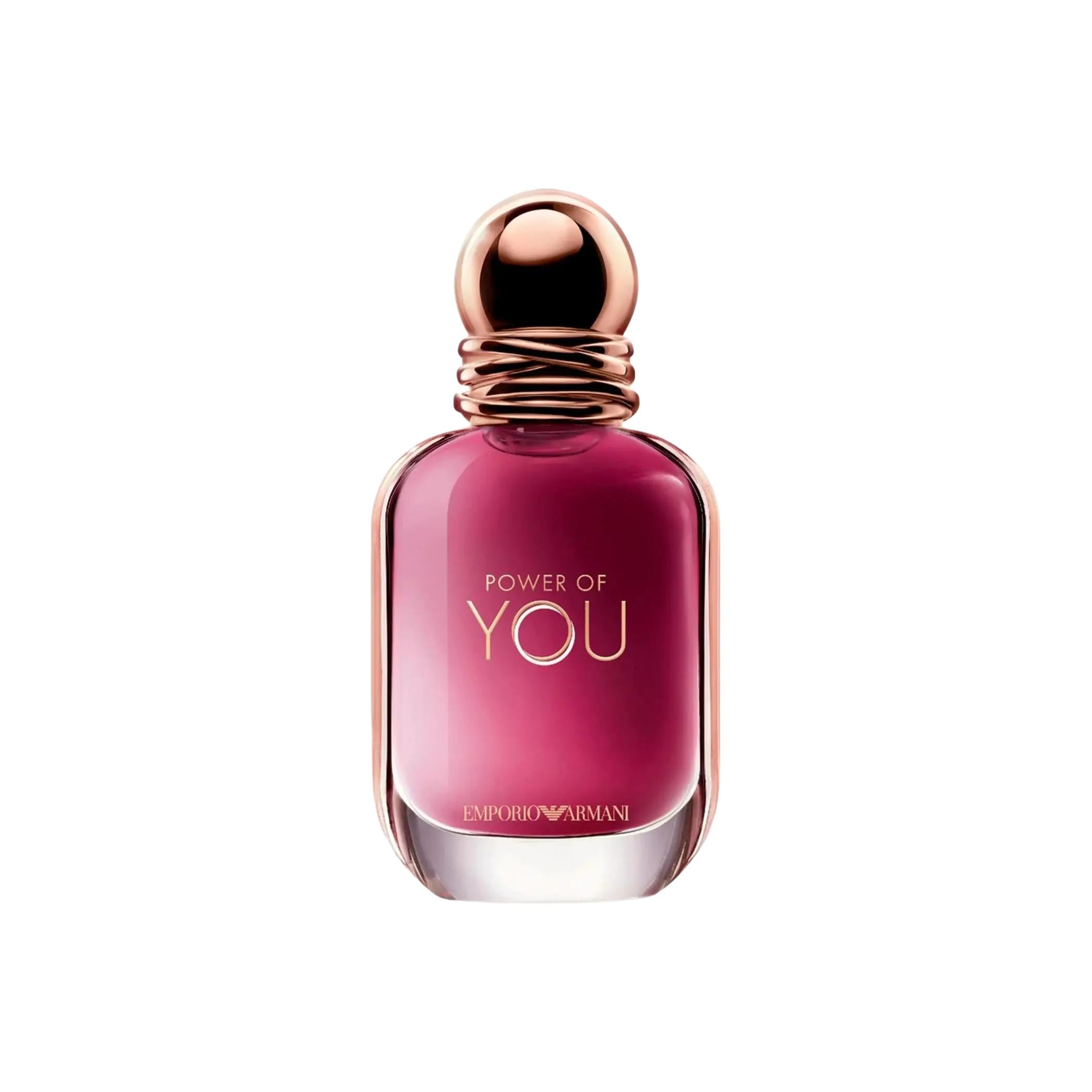 Front view of the power of you armani original perfume bottle featuring a sleek geometric design with ruby-red reflections against a clean white background.
