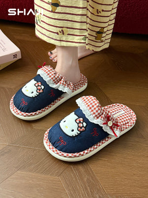 Hello Kitty cotton slippers for women, 2026 new autumn/winter warm non-slip indoor home slippers for women - رفعة