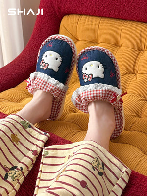Hello Kitty cotton slippers for women, 2026 new autumn/winter warm non-slip indoor home slippers for women - رفعة