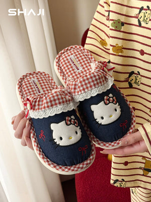 Hello Kitty cotton slippers for women, 2026 new autumn/winter warm non-slip indoor home slippers for women - رفعة