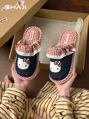 Hello Kitty cotton slippers for women, 2026 new autumn/winter warm non-slip indoor home slippers for women - رفعة