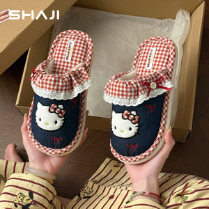 Hello Kitty cotton slippers for women, 2026 new autumn/winter warm non-slip indoor home slippers for women - رفعة