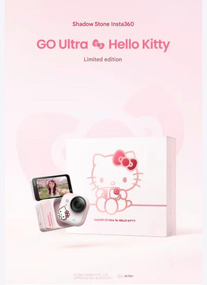 An official pink promotional banner showing the Hello Kitty Insta360 GO Ultra camera next to its stylized collectible box.