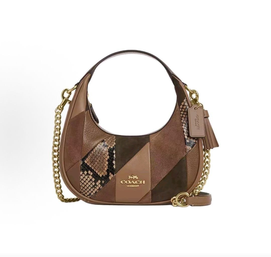 COACH Carmen 20 Patchwork Design, Silver Logo, Leather Handbag, Small Size, Women's, Mushroom Brown. Global Shopping