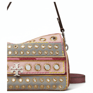 TORY BURCH Charlie brand logo, hand-embroidered craftsmanship, cotton crossbody shoulder bag, small size, women's style, pink patchwork gray