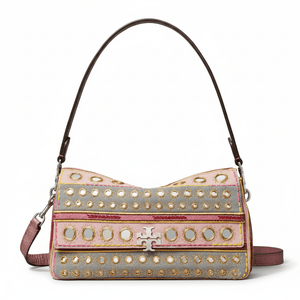 TORY BURCH Charlie brand logo, hand-embroidered craftsmanship, cotton crossbody shoulder bag, small size, women's style, pink patchwork gray