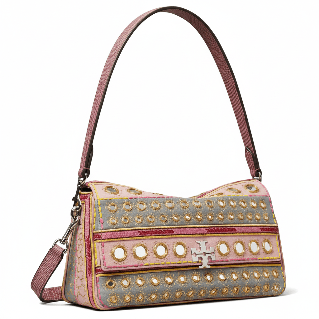 TORY BURCH Charlie brand logo, hand-embroidered craftsmanship, cotton crossbody shoulder bag, small size, women's style, pink patchwork gray