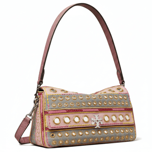 TORY BURCH Charlie brand logo, hand-embroidered craftsmanship, cotton crossbody shoulder bag, small size, women's style, pink patchwork gray