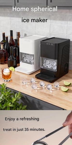 A vertical banner displaying a home spherical ice maker machine in both white and black color options inside a modern kitchen.
