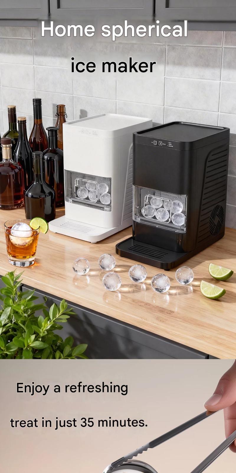 A vertical banner displaying a home spherical ice maker machine in both white and black color options inside a modern kitchen.