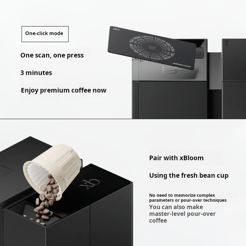 A two-part instructional graphic demonstrating how to use كبسولات إكسبلوم, showing the machine scanning the pod for a 2-minute automated pour-over experience using xBloom xpods.