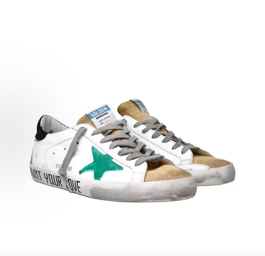 Golden Goose Super-Star Leather Round Toe Lace-up Flat Low-top  Stylish Sneakers, Men's, White and Green Distressed Style