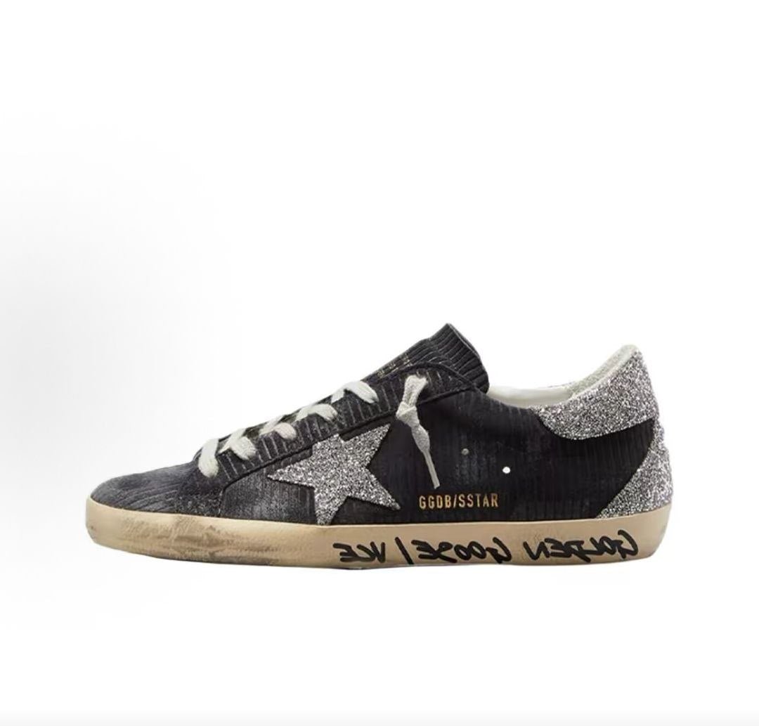 حذاء رياضي Golden Goose Super-Star أسود بجليتر فضي - رفعة