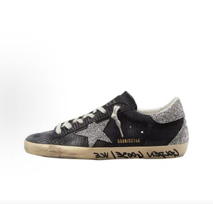 حذاء رياضي Golden Goose Super-Star أسود بجليتر فضي - رفعة