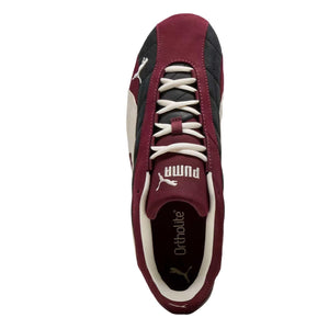 Puma Speedcat burgundy black white shoes top view showing laces and inner lining detail.