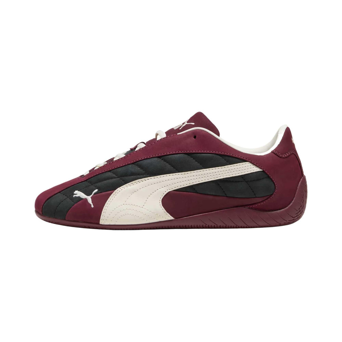 Puma Speedcat burgundy black white shoes side view displaying classic formstrip design.