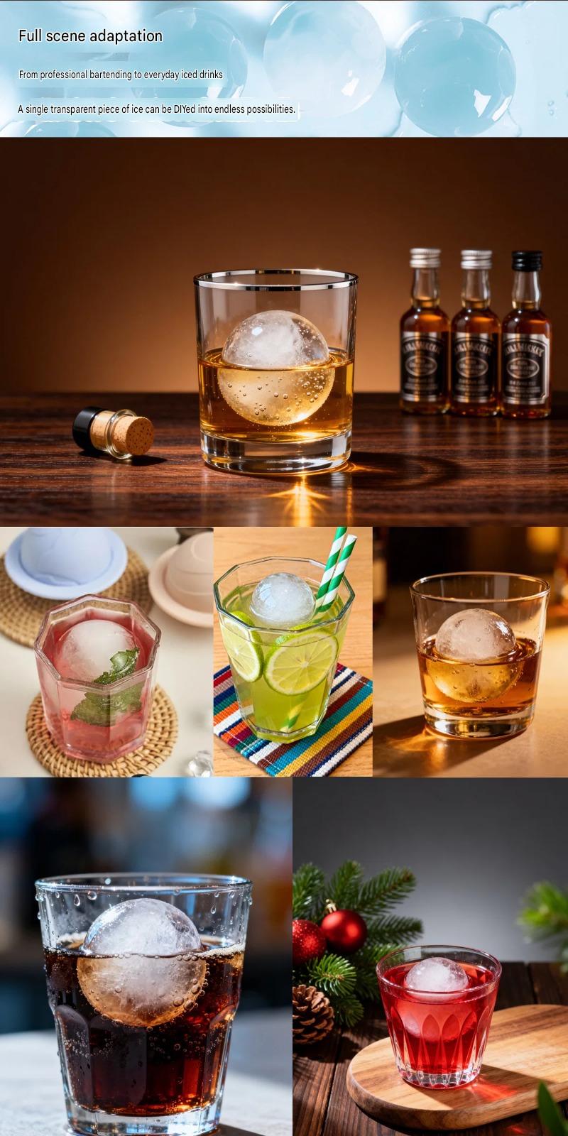 Three vertical lifestyle photos showcasing large round ice spheres from an ice maker machine inside whiskey glasses and summer cocktails.