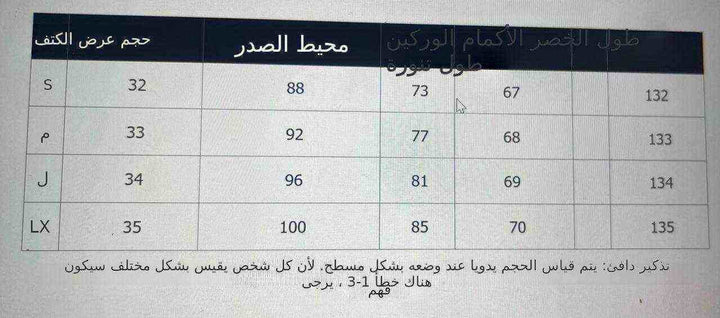 جدول مقاسات فستان الدانتيل الفاخر طويل الأكمام بأربعة أحجام مختلفة.