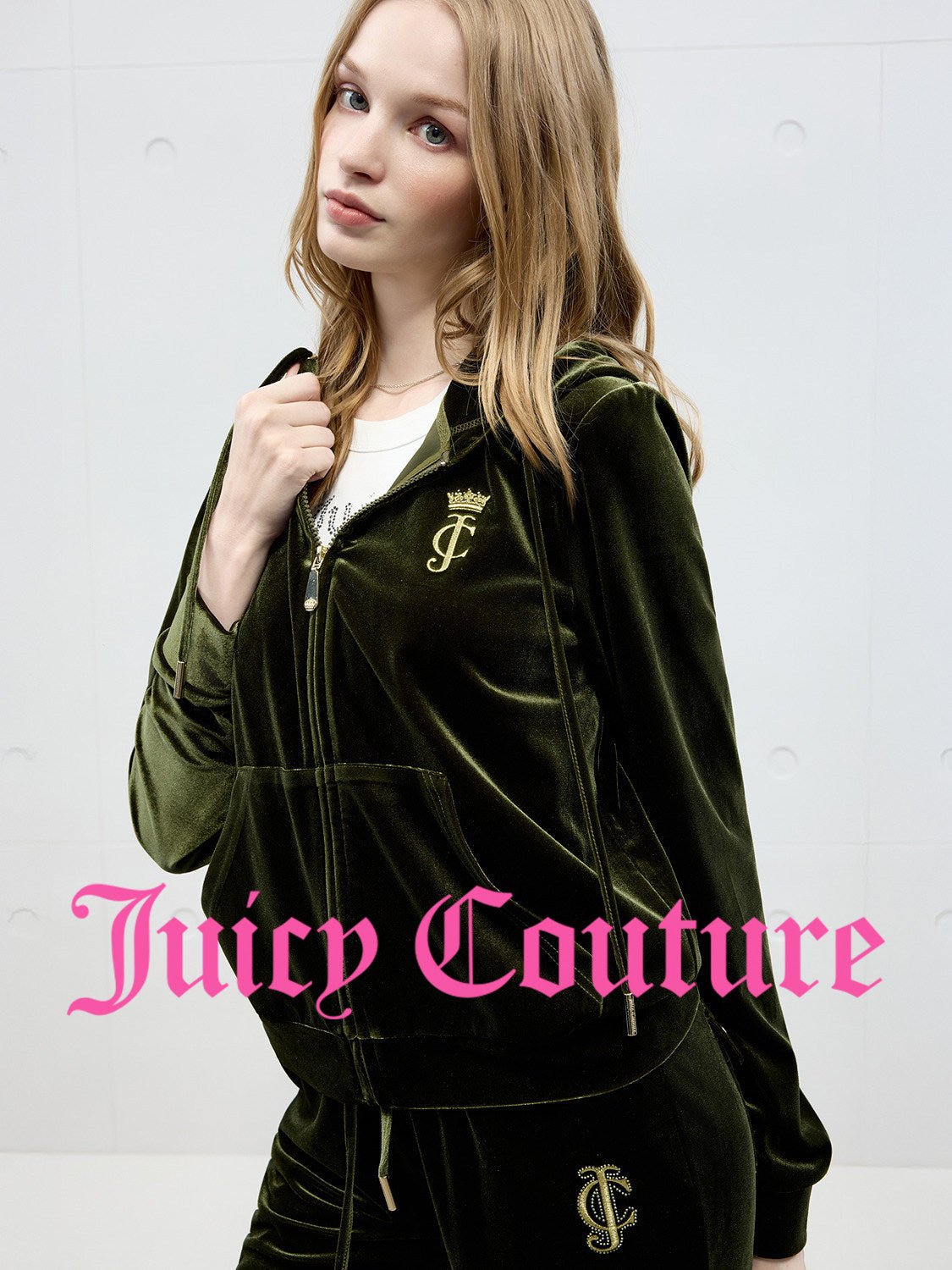 Juicy Couture [Watery Velvet] Jacket Women's Hooded Green Top - رفعة