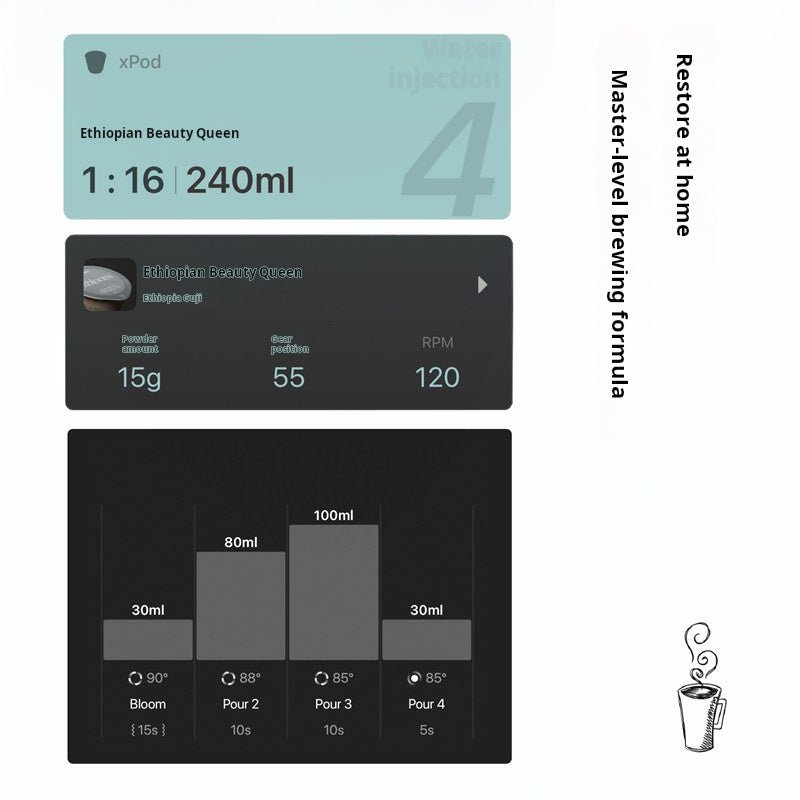 A digital interface showing the master-level brewing formula for xBloom xpods, highlighting a 1:16 ratio, 240ml yield, temperature adjustments, and a multi-step pouring graph for brewing كبسولات إكسبلوم.