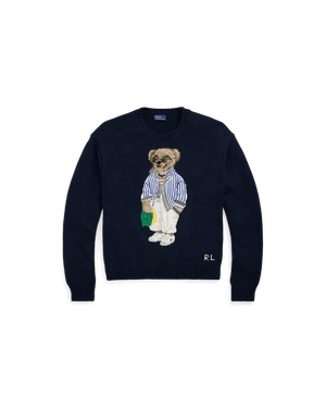 كنزة نسائية محبوكة من القطن مطرزة Bear AW25 بياقة دائرية وأكمام طويلة - رفعة