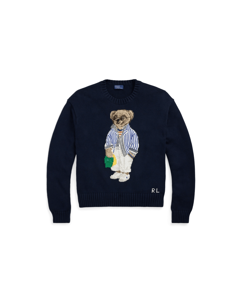 كنزة نسائية محبوكة من القطن مطرزة Bear AW25 بياقة دائرية وأكمام طويلة - رفعة