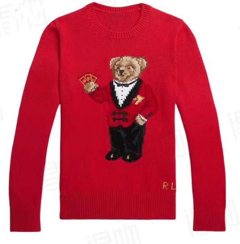 كنزة نسائية محبوكة من القطن مطرزة Bear AW25 بياقة دائرية وأكمام طويلة - رفعة