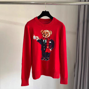 كنزة نسائية محبوكة من القطن مطرزة Bear AW25 بياقة دائرية وأكمام طويلة - رفعة