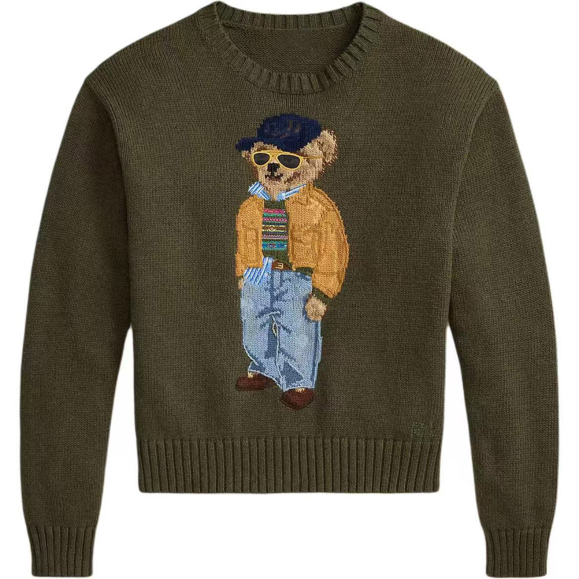 كنزة نسائية محبوكة من القطن مطرزة Bear AW25 بياقة دائرية وأكمام طويلة - رفعة