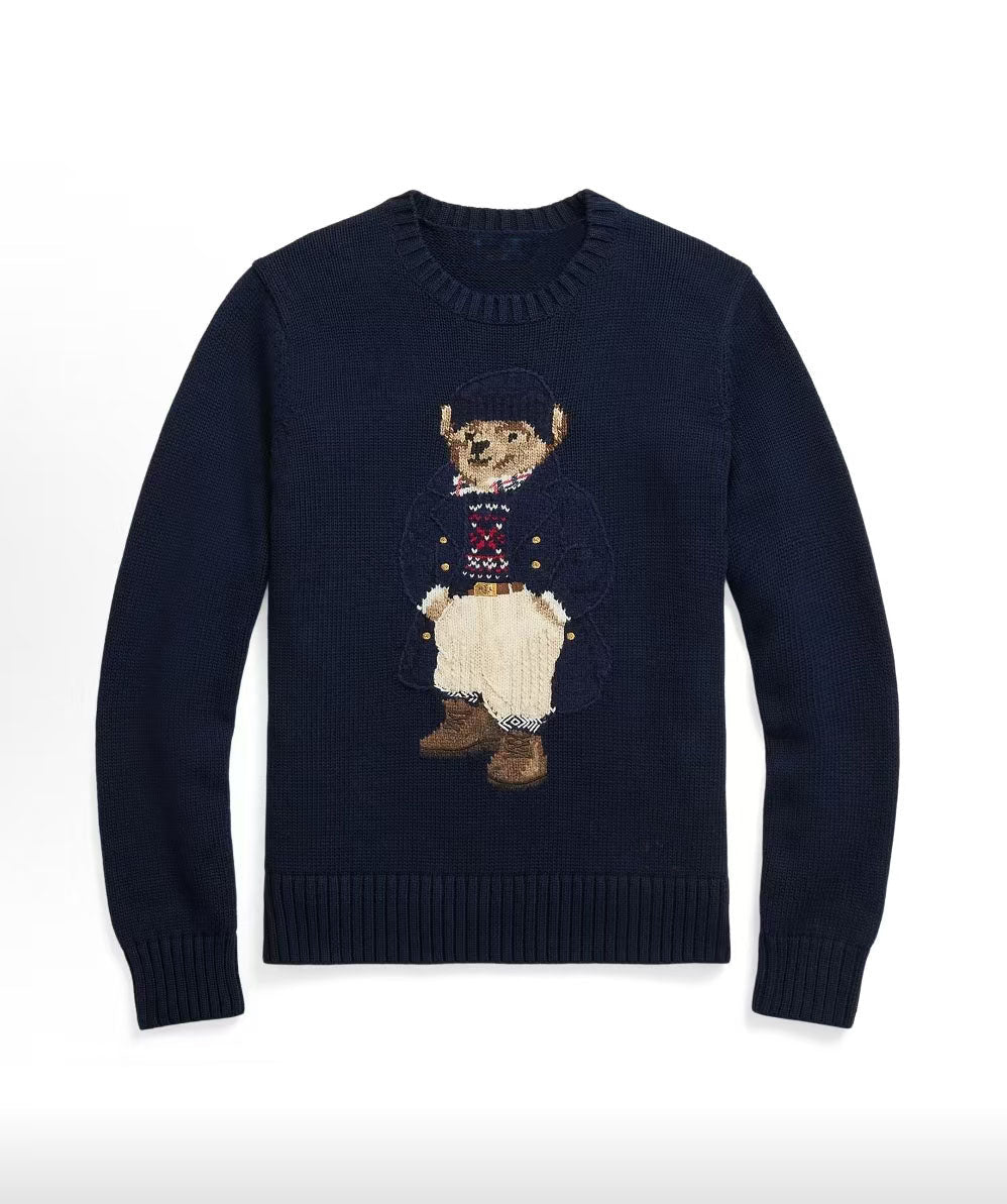 كنزة نسائية محبوكة من القطن مطرزة Bear AW25 بياقة دائرية وأكمام طويلة - رفعة