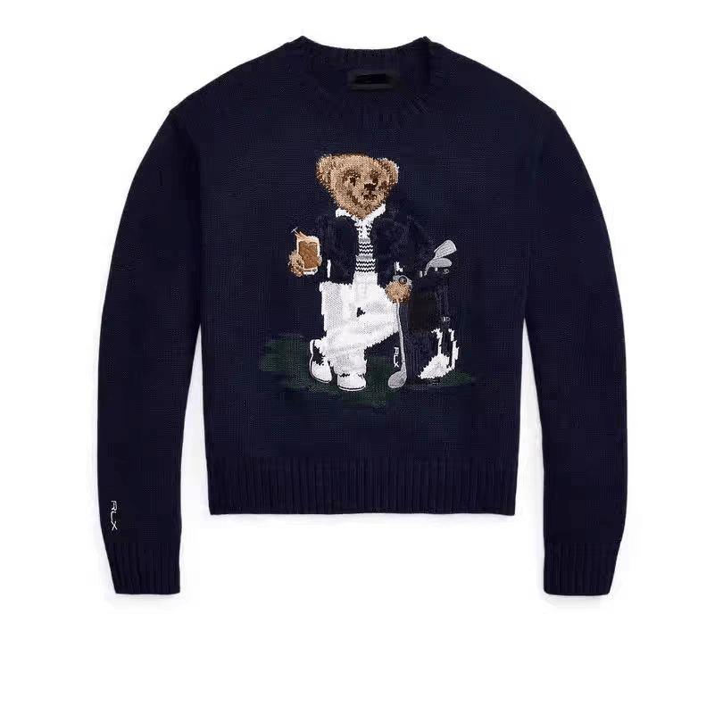 كنزة نسائية محبوكة من القطن مطرزة Bear AW25 بياقة دائرية وأكمام طويلة - رفعة