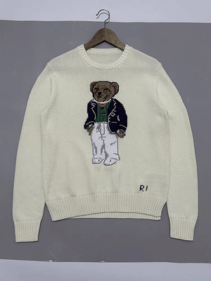 كنزة نسائية محبوكة من القطن مطرزة Bear AW25 بياقة دائرية وأكمام طويلة - رفعة