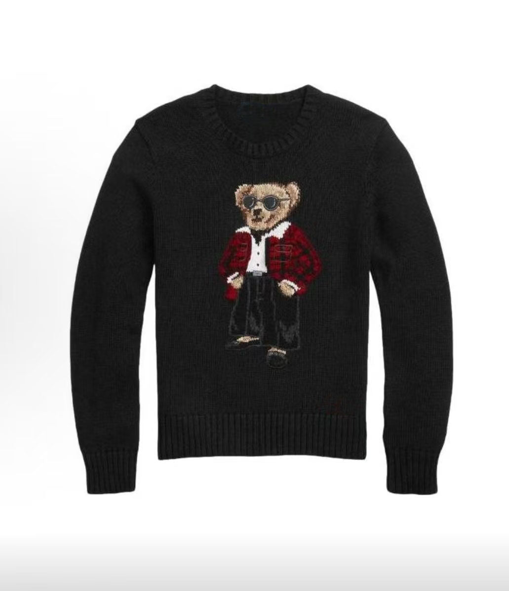 كنزة نسائية محبوكة من القطن مطرزة Bear AW25 بياقة دائرية وأكمام طويلة - رفعة