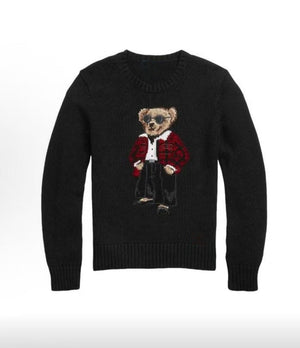 كنزة نسائية محبوكة من القطن مطرزة Bear AW25 بياقة دائرية وأكمام طويلة - رفعة
