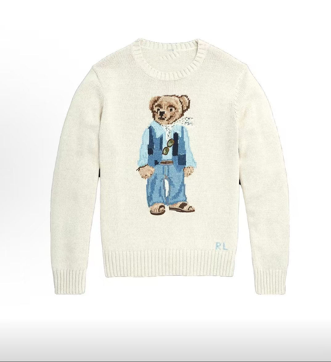 كنزة نسائية محبوكة من القطن مطرزة Bear AW25 بياقة دائرية وأكمام طويلة - رفعة