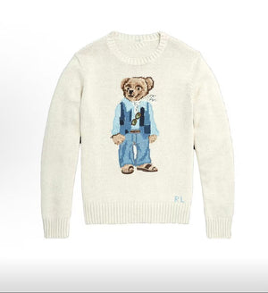 كنزة نسائية محبوكة من القطن مطرزة Bear AW25 بياقة دائرية وأكمام طويلة - رفعة